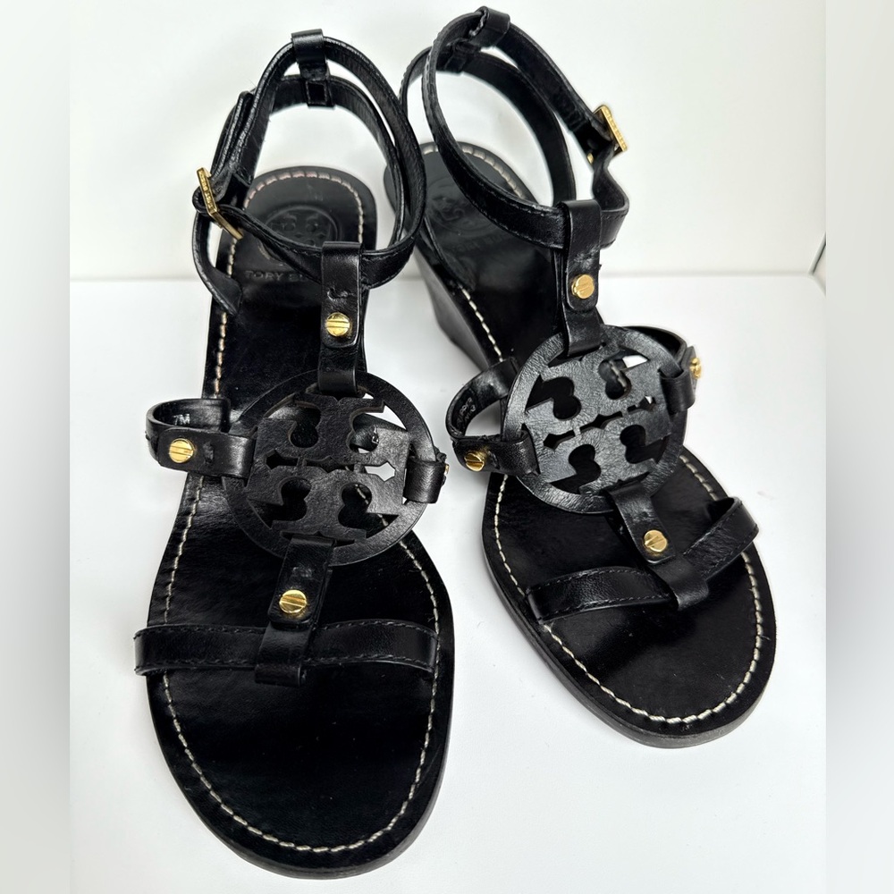 Tory Burch Black Leather Miller Logo Wedge Ankle Strap Sandals Size 7M - Picture 3 of 11